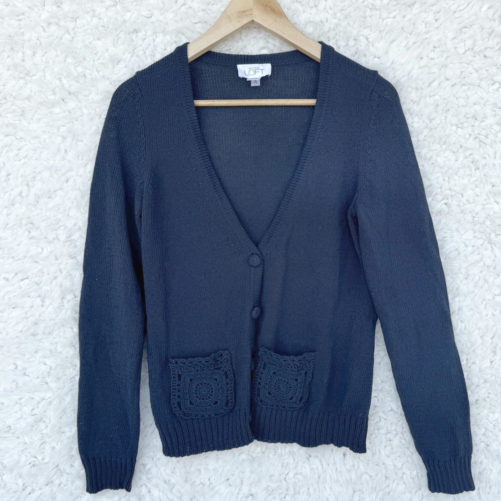 LOFT Crochet Pocket Button Front Cardigan Sweater Navy Blue V Neck Medium